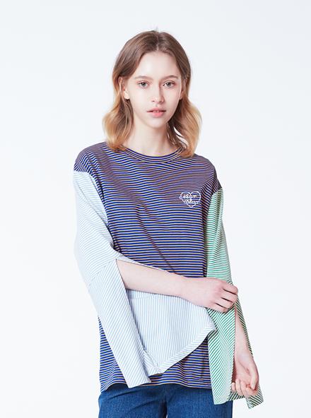 Near And Dear Stripe Combination Slit Sleeve T-Shirt (Blue) Blue/Free
