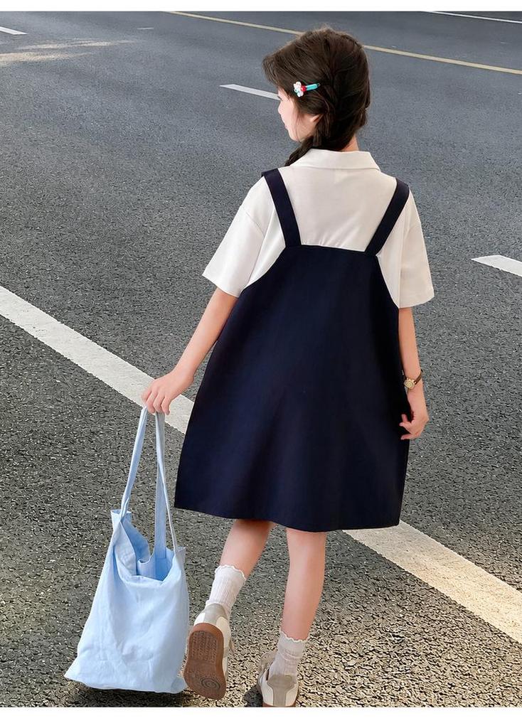 Girls' Summer 2026 Korean Style Letter Print Two-Piece Look Strap Dress - Stylish & Long