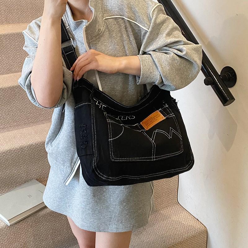 Versatile Korean Style Embroidered Denim Crossbody Bag for Women - Casual, Retro, Distressed Fashion Shoulder Bag