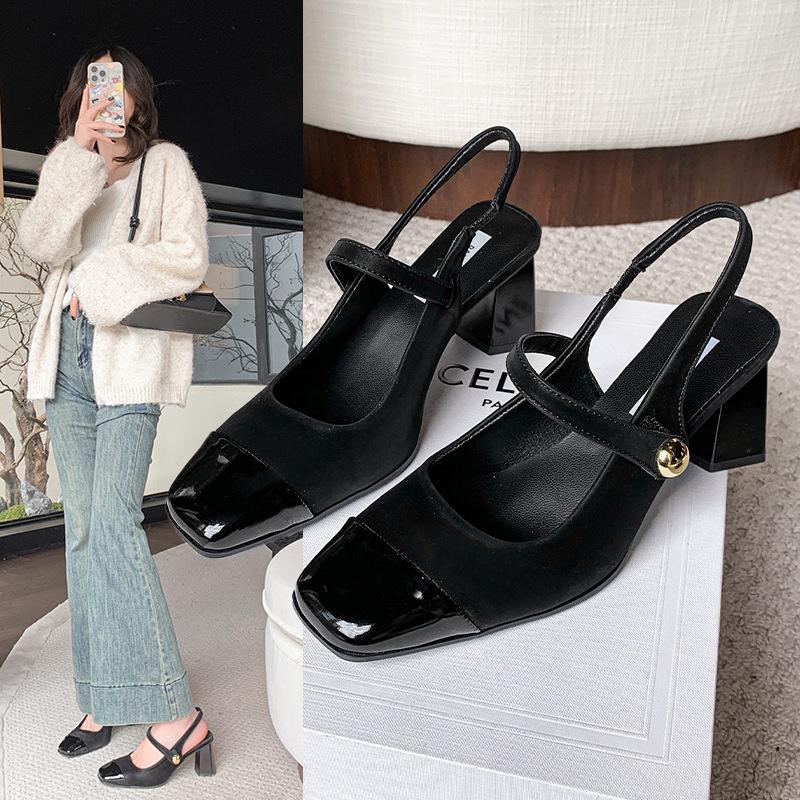 High heels Mary Jane shoes evening shoes single shoes French summer soft sole with skirt square head bag head sandals women's thick heel