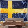 Yellow cross on blue background with swirling floral accents. Patterned tapestry for bedroom and living room home decor