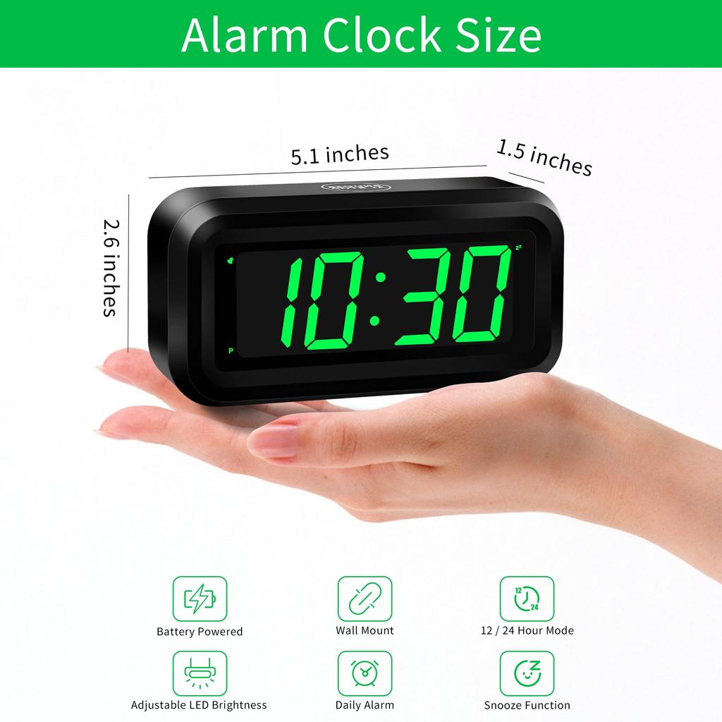 KWANWA Alarm Clock Small Digital Clock Inch Green LED Clock Adjustable Brightness Dim Night Mode Battery Operated Wall Mounted Snooze Bedroom Clock