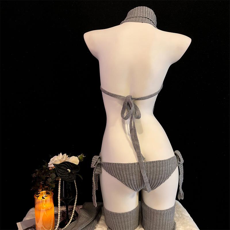 Erotic Sexy Anime Cat Girl Gray Turtleneck Sweater Uniform Outfit Cosplay Women Backless Knit Clothes Garter Stocking Costume