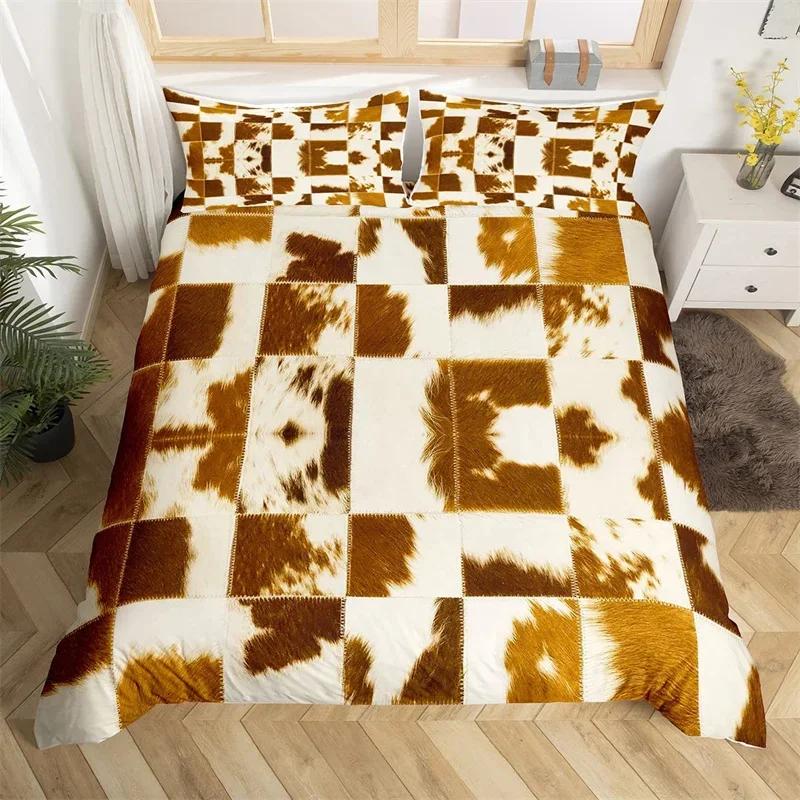 Funda nórdica tamaño king con estampado de animales de granja, de microfibra y piel de vaca. Juego de ropa de cama estilo western con estampado de piel de vaca para niños y niñas.