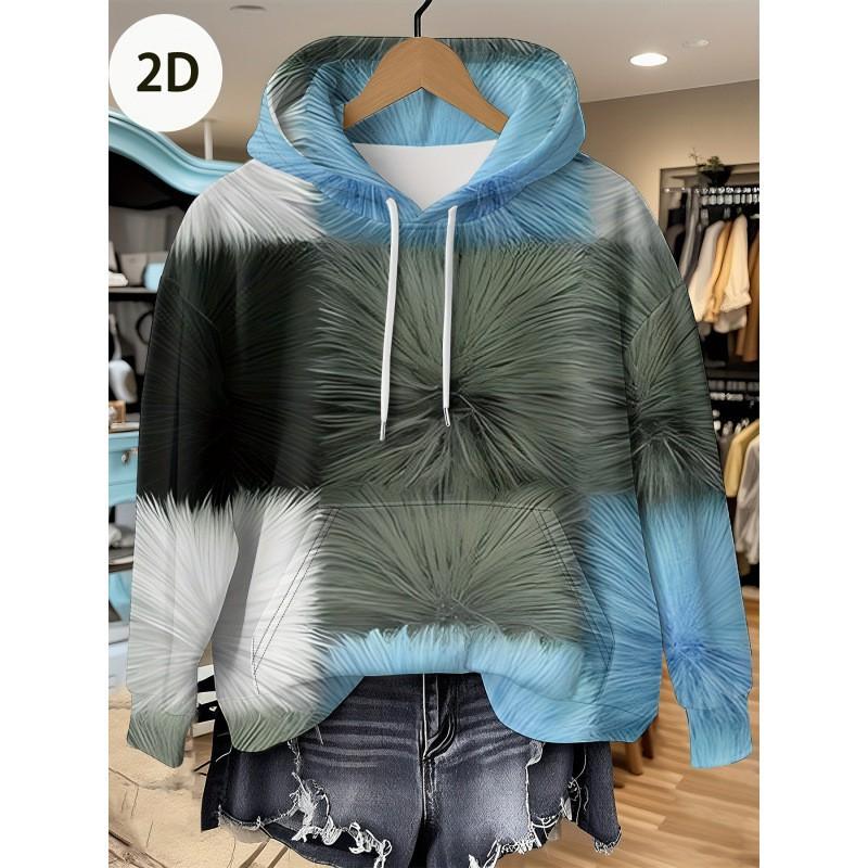 Womens Oversized Hooded Long Sleeve Sweatshirt With Floral Plaid Print Comfortable Breathable Casual Top