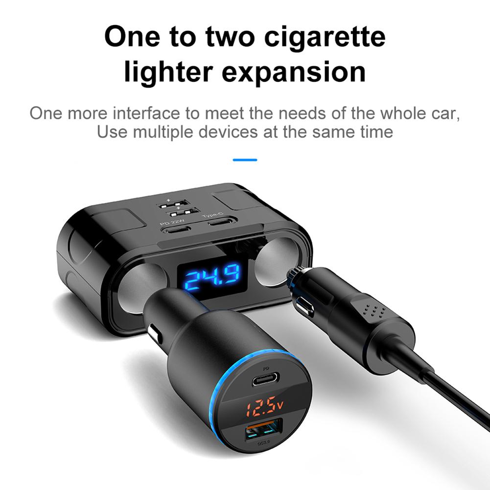 QC3.0 USB-Autoladegerät 2 Typ-C + 2 USB Blaue LED-Digitalanzeige 22 W DC 12 V-24 V Dual-USB-Netzteil Auto-Zigarettenanzünderbuchse