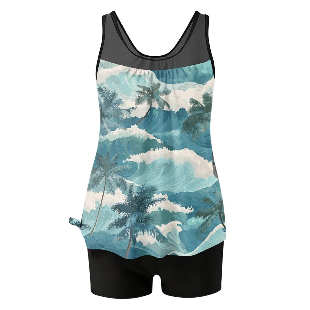 Women’s Sleeveless Tankini Top and Shorts Set Lightweight Printed Swimwear with Scoop Neck and Relaxed Fit for Beach Pool