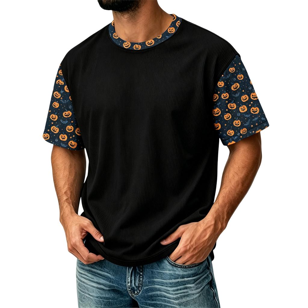 Herren Freizeit Corduroy Kurzarm T-Shirt Leicht Atmungsaktiv Rundhals Oberteil mit Halloween Print Ärmeln und Kragen Design
