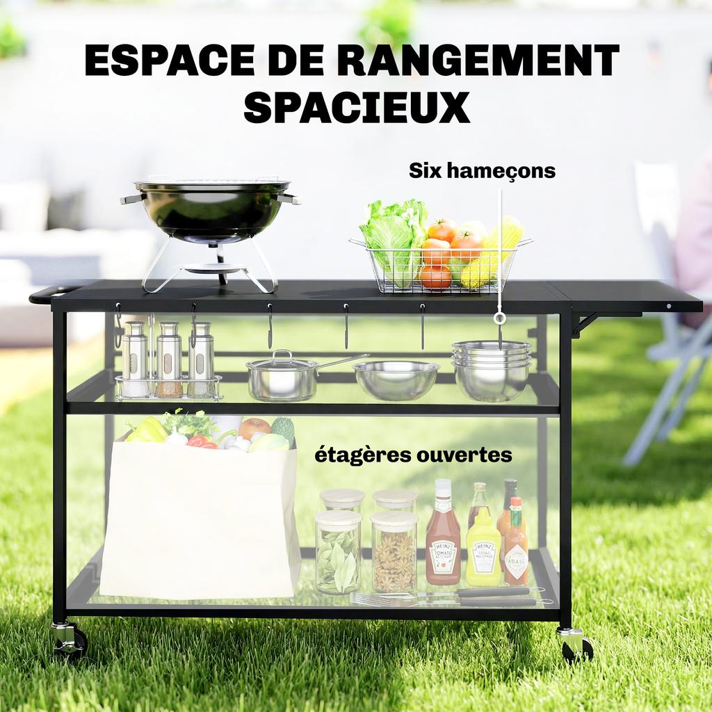 Garden Trolley Barbecue Cart on Casters with Foldable Side Tray, Three Shelves, 133 x 48.5 x 82 cm, Black