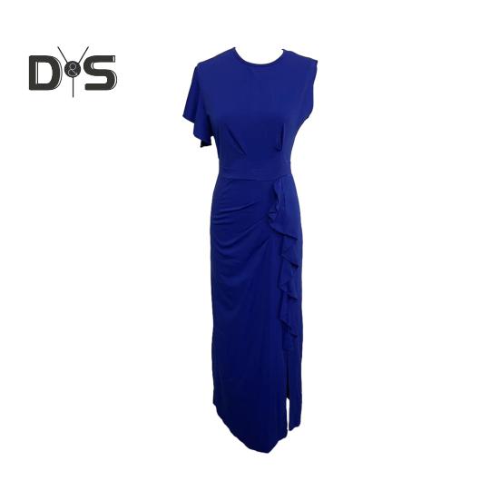 Women Summer O Neck Short Sleeve Gown Dress High Waist Side Ruffle Decor Split Hem Slim Fit Hip Wrapped Evening Party Dress