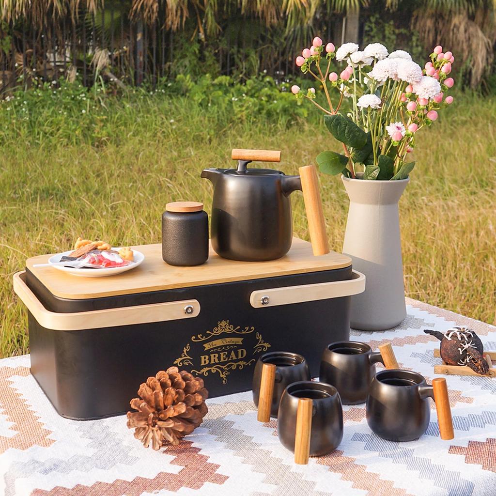 SOTECH Tea Set Gift Outdoor Stylish Portable Travel Tea Utensil Wooden Metal Box Black Porcelain Tea Cup Cute Tea Storage Tea Chinese Tea Travel