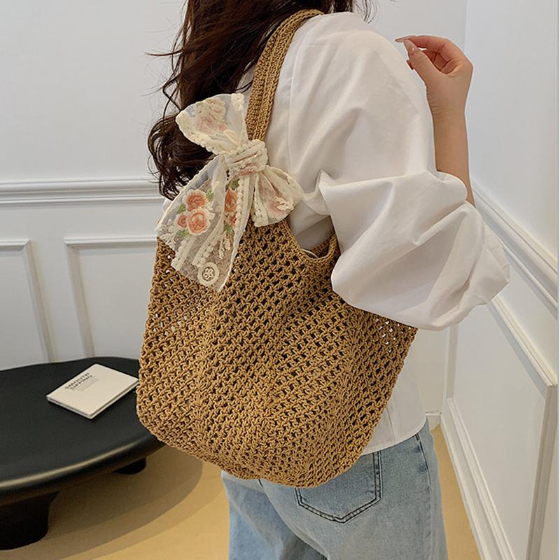 Summer Lace Bow Tote Bags Women Raffia Knitting Woven Shoulder Bag 2025 Rattan Large Casual Crochet Shopping Bag Ladies Handbag