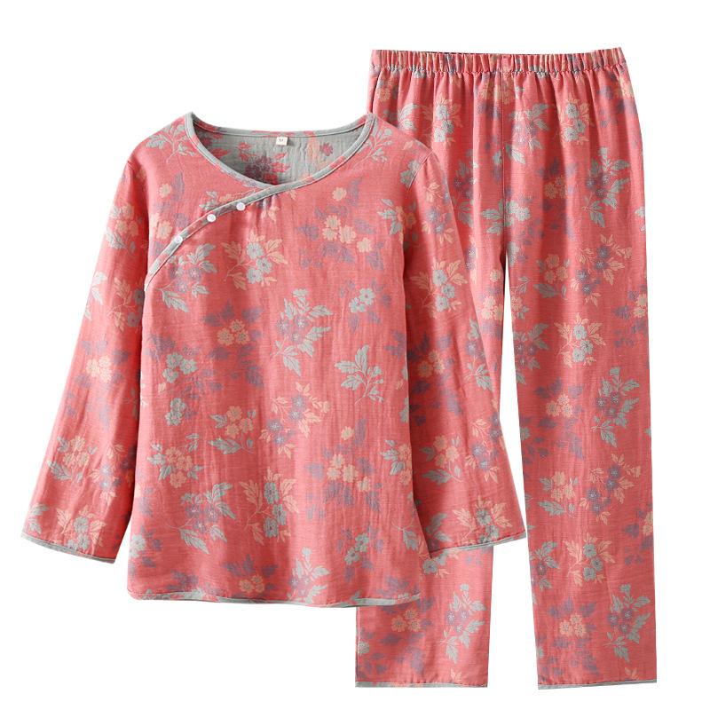Pajamas women's autumn new Chinese-style pure cotton-colored woven jacquard double-layer gauze national style retro style loungewear set