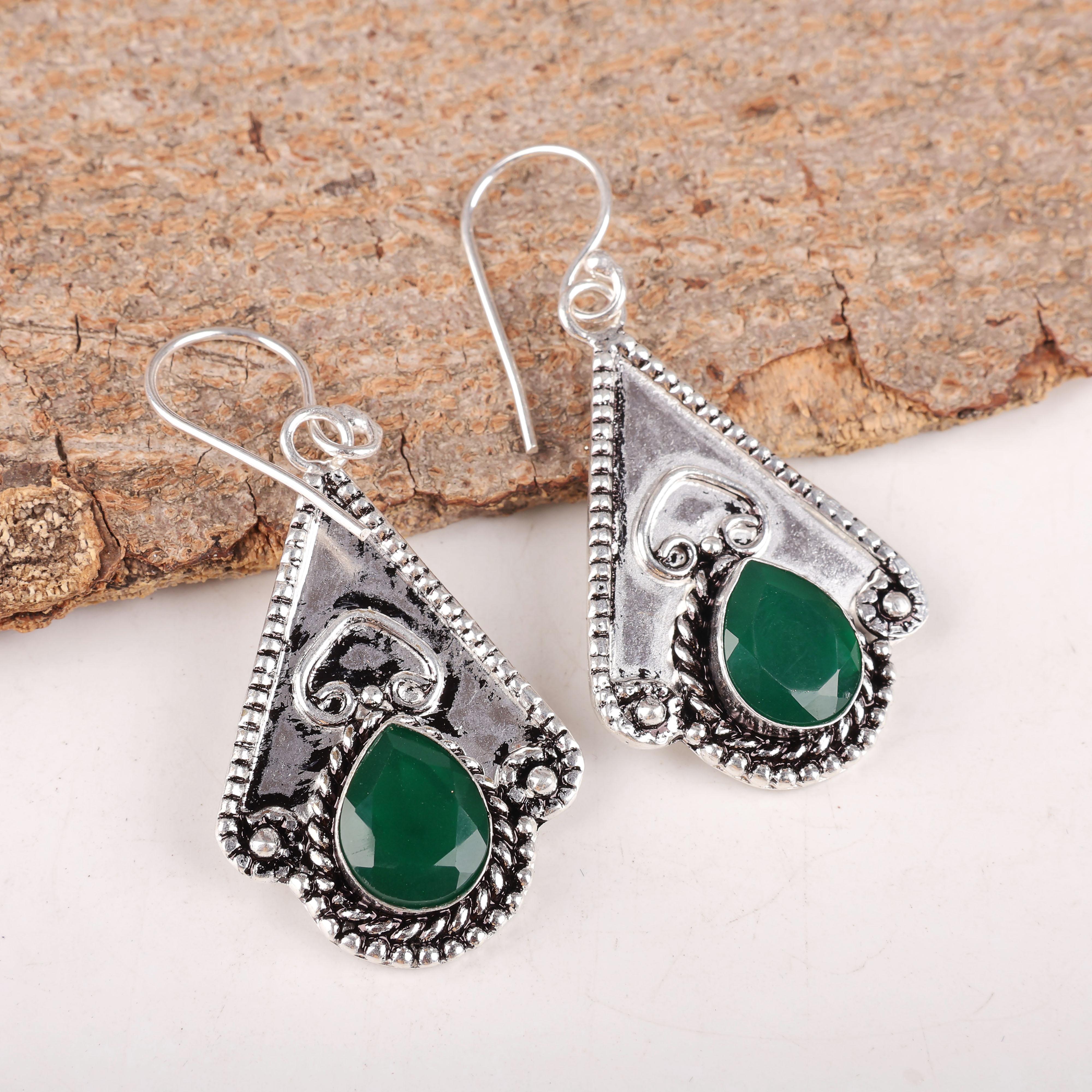

Green Onyx Earrings, 925 Sterling Silver Jewelry, Gift For Women Handmade Earrings Gemstone Jewelry 2.09 Inches зелений