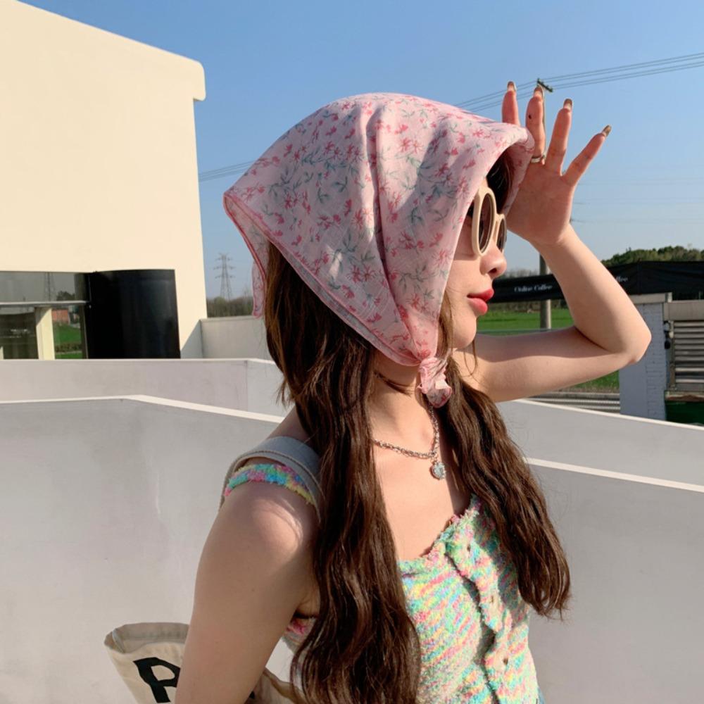 

Breathable Women Headscarf French Flower Printed Small Square Scarf Hair Scarf Spring Summer D