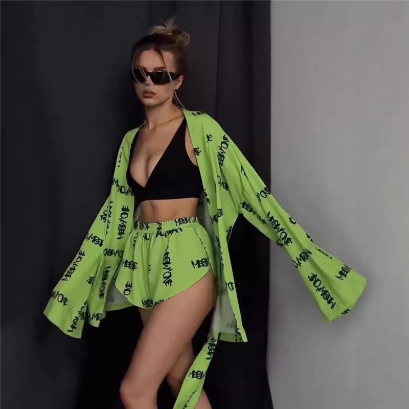 European And American Loose Long Sleeved Women's Printed Casual Commuter Lace Up Pajamas High Waist Shorts Suit