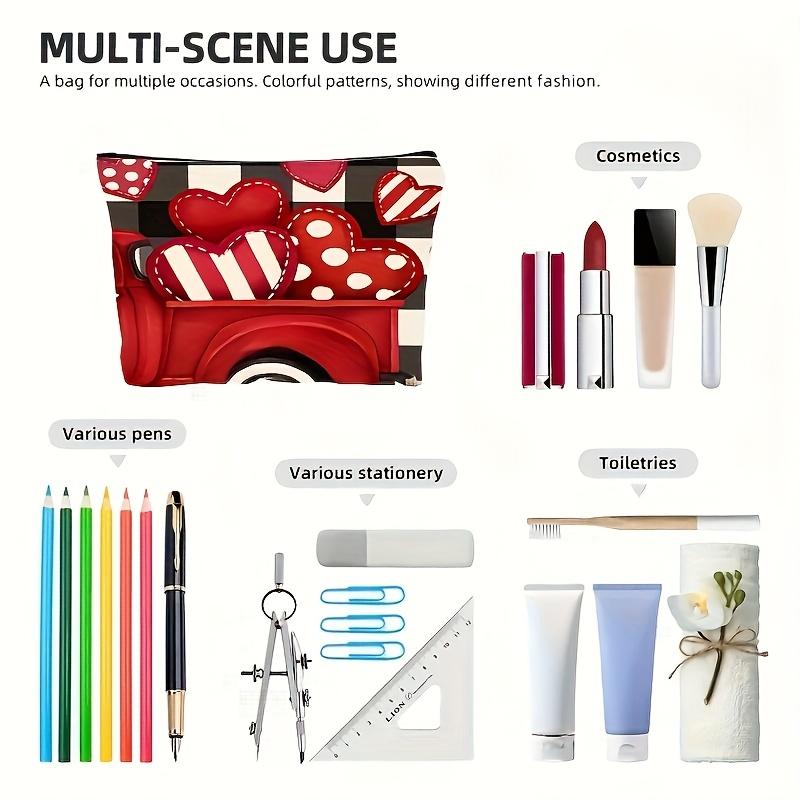Polka Dot Heart Makeup Bag,Lightweight Foldable Travel Cosmetic Pouch with Zipper,Black White Checkered & Red Heart Pattern,Gift