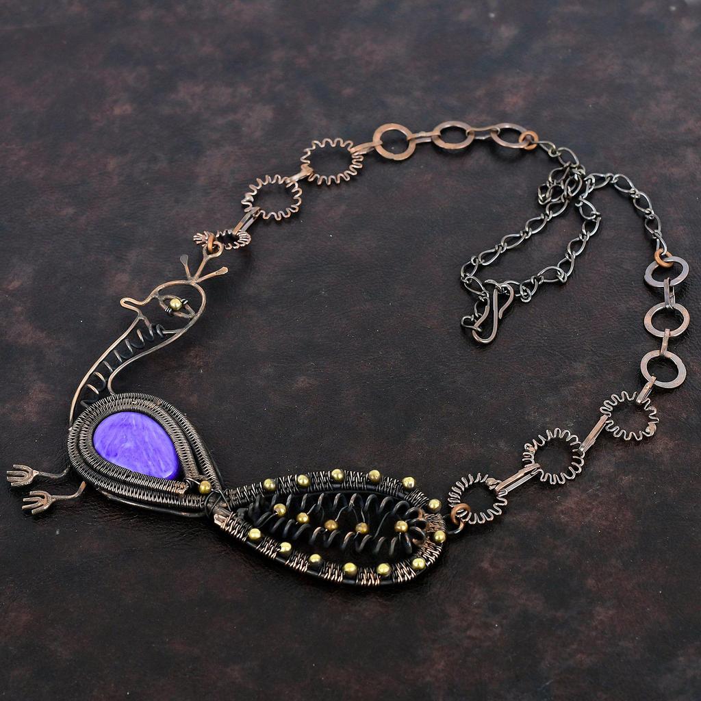 Charoite Necklace Copper Wire Wrapped Gemstone Necklace Adjustable Chain Necklace Peacock Necklace Handmade Necklace For Gift Copper Jewelry