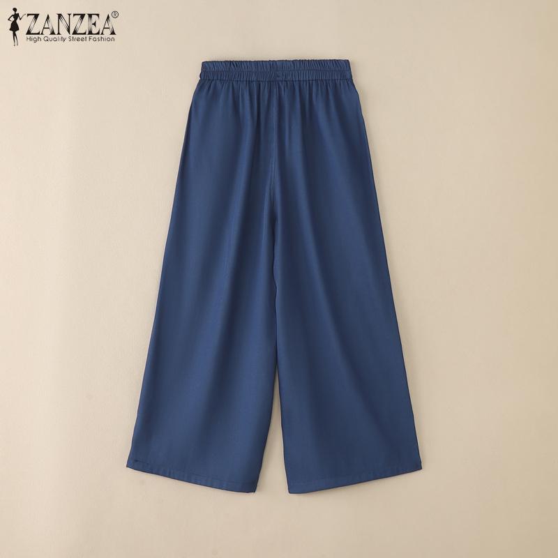 ZANZEA Women Casual Elastic Waist Loose Embroidery Print Cropped Pants