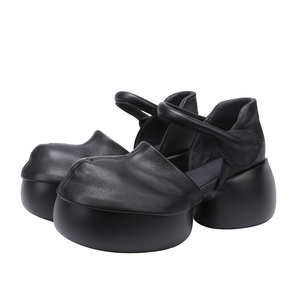 Johnature Vintage Genuine Leather Sandals Round Toe Solid Color Versatile Women's Platform Shoes