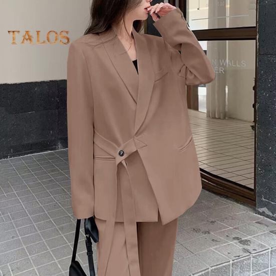 2 buc./set damă haină formală pantaloni set mâneci lungi închidere cu bretele cu nasturi Cardigan cu decolteu în V Jachetă de lungime mijlocie pantaloni drepti cu talie înaltă de afaceri formali