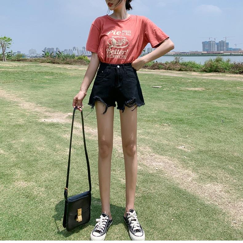 Classic and Minimalist Fashion Versatile Black Broken Holes Women's Summer High-waisted Outside Wear Thin A-line Wide-legged Ragged Denim Shorts