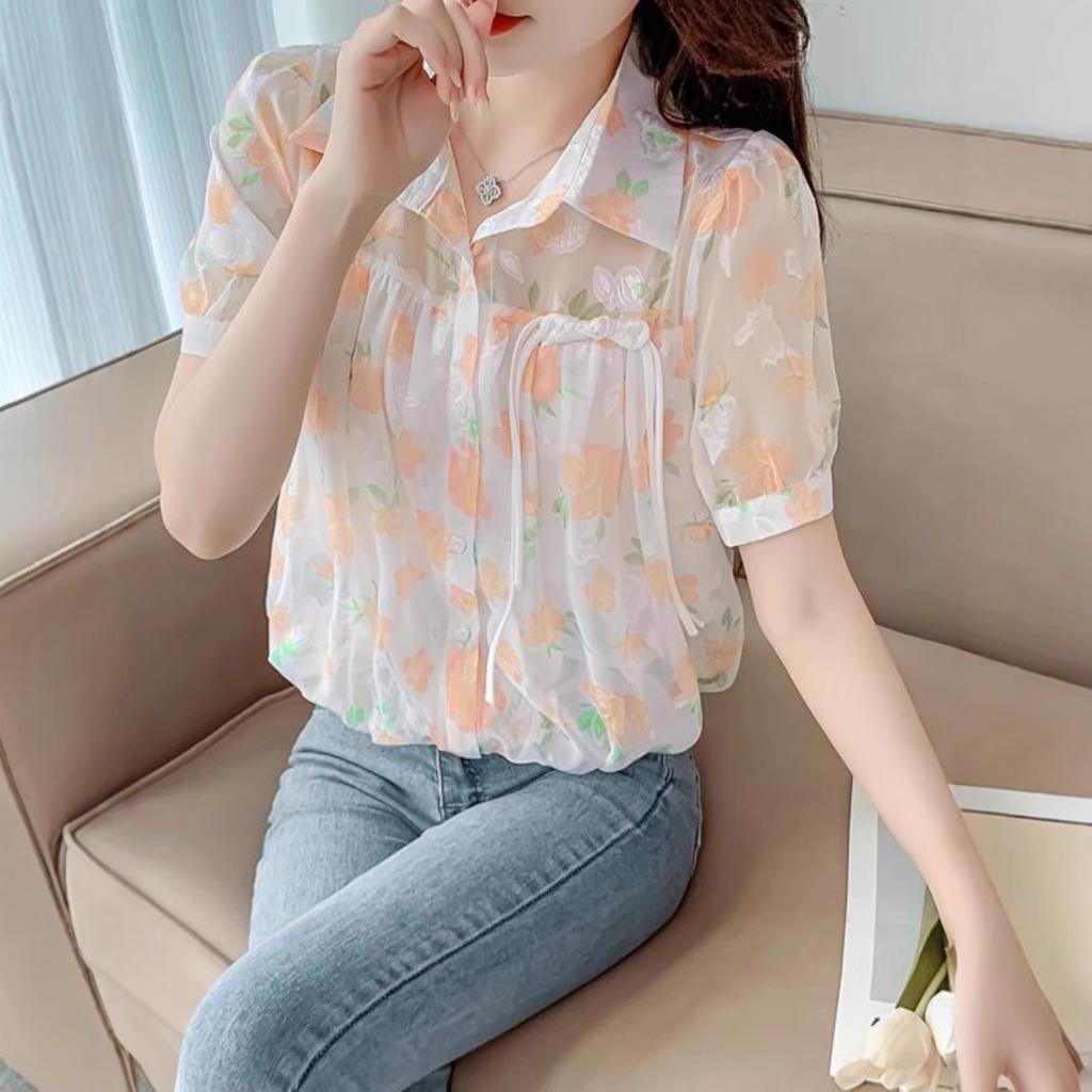 Women's Floral Shirt Short Sleeved Shirt Summer Top Suit Collar Design Sense Niche Base Shirt