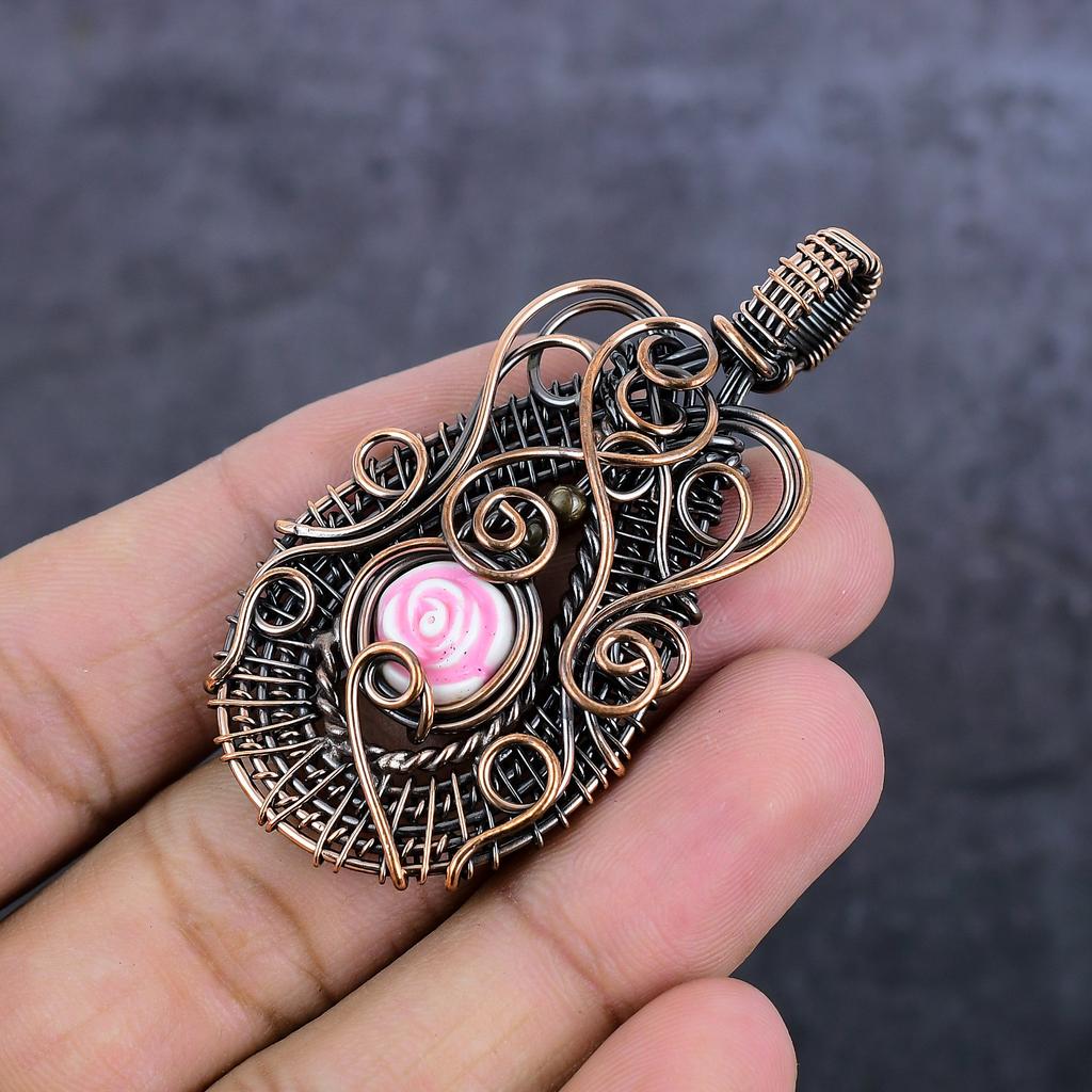 Natural Pink Flower Gemstone Copper Wire Wrap Jewelry Pendant 2.52" C5J01