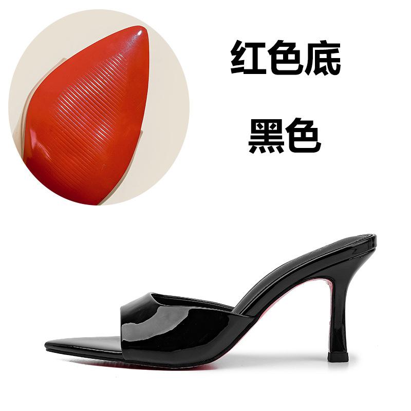 Pointed Open Toe High Heels Slippers Women Outdoor Slides Ladies Party Shoes Japanned Leather Sandalias Mujer Sexy Flip Flops