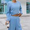 2 stk/sett Dame Topp Buksesett Rund Hals Langermet Uregelmessig Krysskant Genser Ensfarget Elastisk Høy midje Vide ben Bukser Sport Fitness