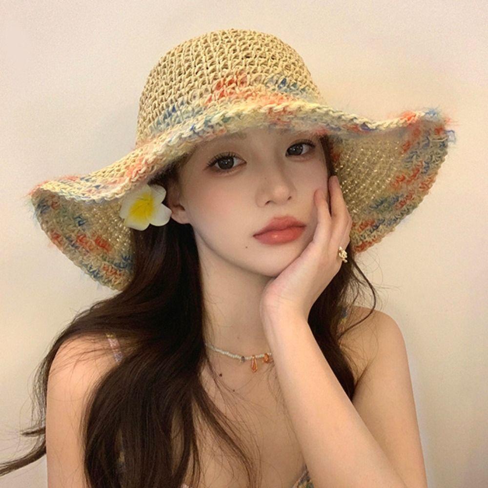Colorful Wide Brim Straw Hat Foldable UV Protection Cap Casual Women's Sun Visor Hats  Travel