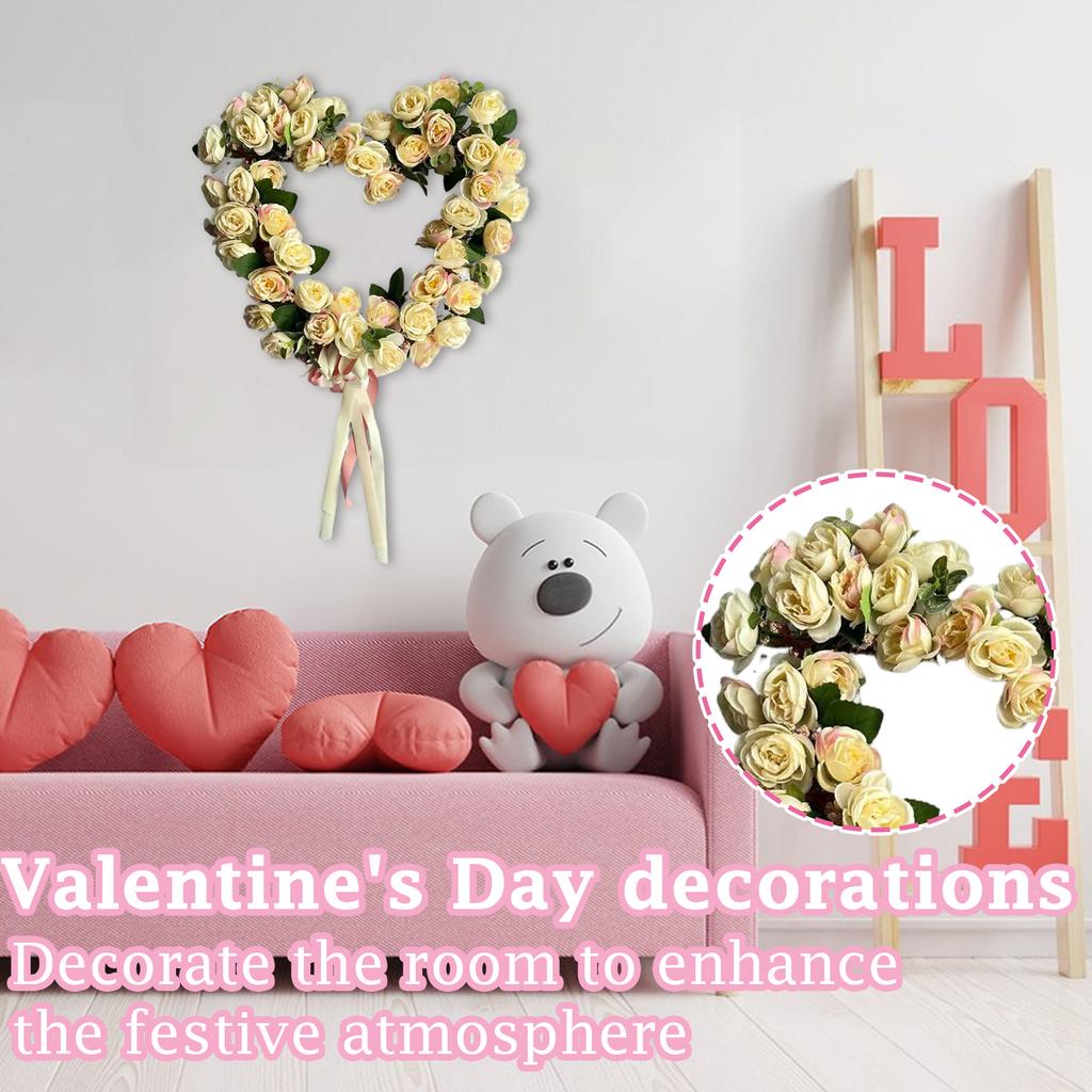 Romantic 35cm Heart Shaped Wreath Wedding Artificial Rose Door Hanger Valentine Pink White Double Ribbon Wall Decor
