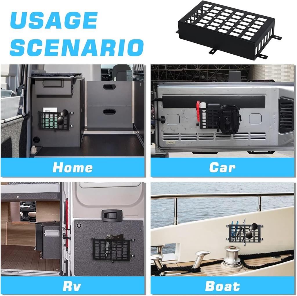 Universal Metal Car Storage Box with Small Cargo Molle Panel Frame Storage System for and Home Black Pockets, Cars, Trucks, RVs, Boats, Storage,