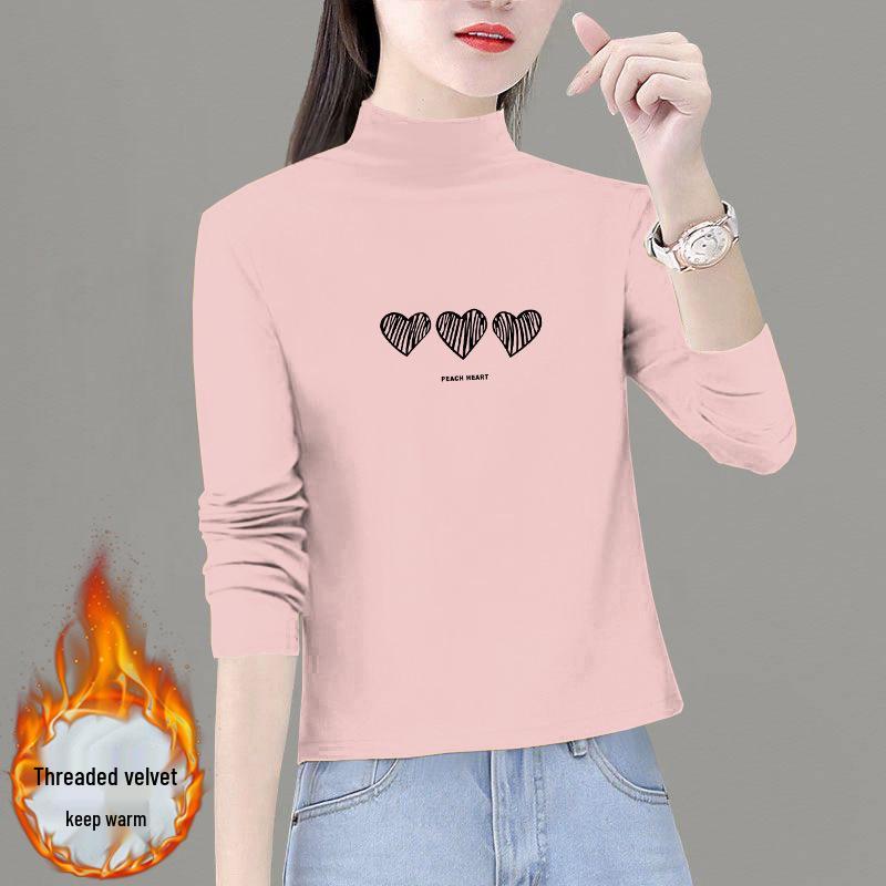 Women's Plus Size Warm Fleece-Lined Long Sleeve Top with German Velvet Semi-High Neck