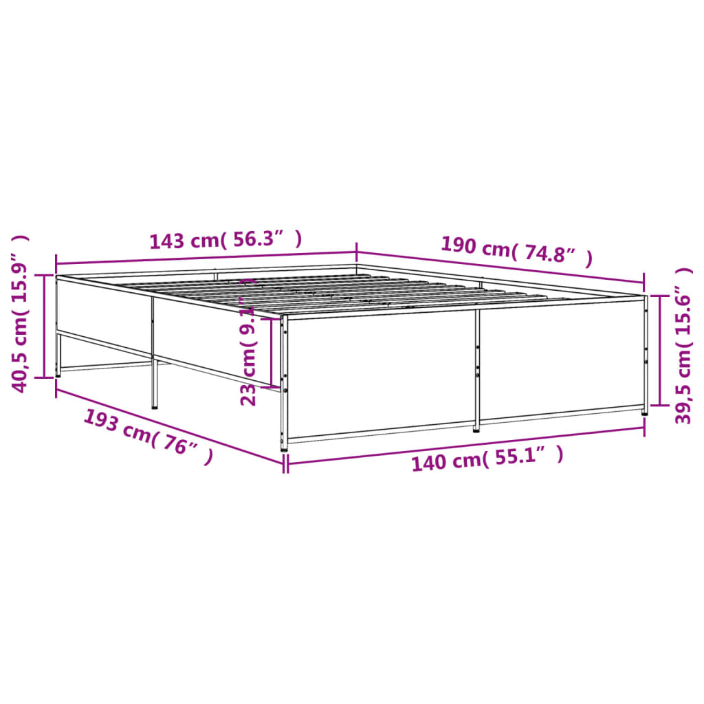 Bed Frame Sonoma Oak 140 x 190 cm Particleboard and Metal