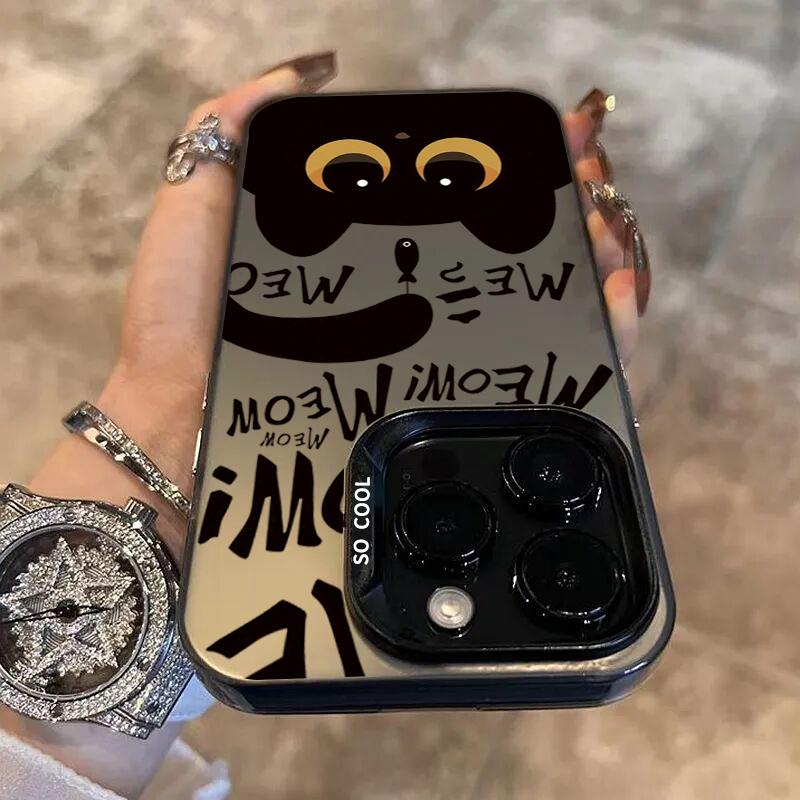 Cartoon Black Cat Eating Fish Electroplate Silver Case For  Redmi Note 14 13 12 11 10 Pro Plus 5G 12S Redmi 14C 13 Cover