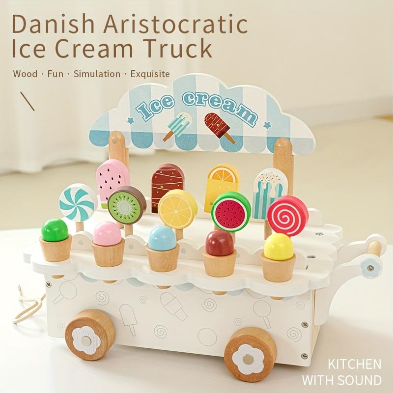 Wooden Pretend Play Ice Cream Truck, Dessert Shop Role Playing Toy Photography Props, Game Room Decorations,8 Ice Cream Stands and 4 Accessories,