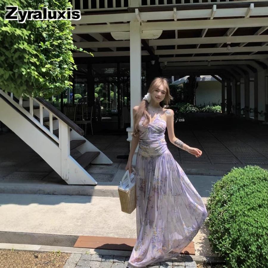 Ruffled Floral Flirty Dress for Women, Backless Suspender Long Skirt Summer Vacation Chiffon Mesh A-Line Bodycon