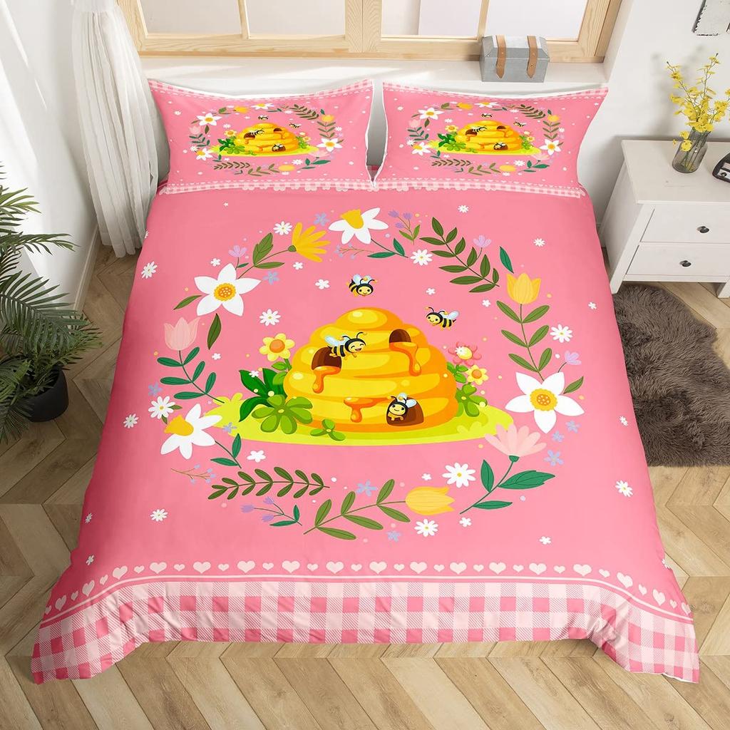 Kawaii Kaninchen Bettbezug Cartoon Tier Bettwäsche Set Geometrie Gitter Kariert Bettdeckenbezug Bunte Blumen Schmetterling Bettset