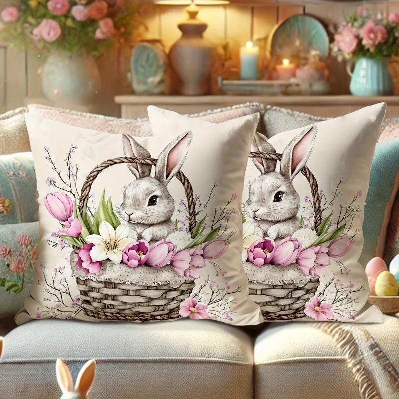 Easter Basket Rabbit Pillowcase Watercolor Pastoral Print Festive Atmosphere Feeling Living Room, Sofa Pillowcase