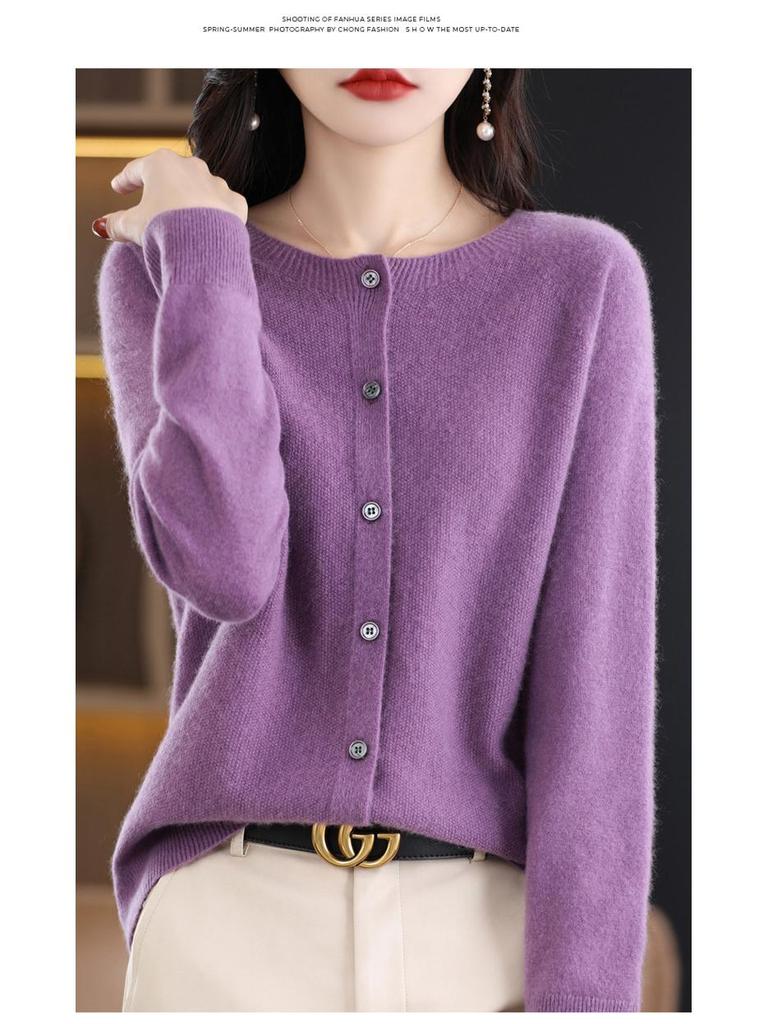 Women's 100% Wool Solid Color Cardigan Sweater - Autumn Collection