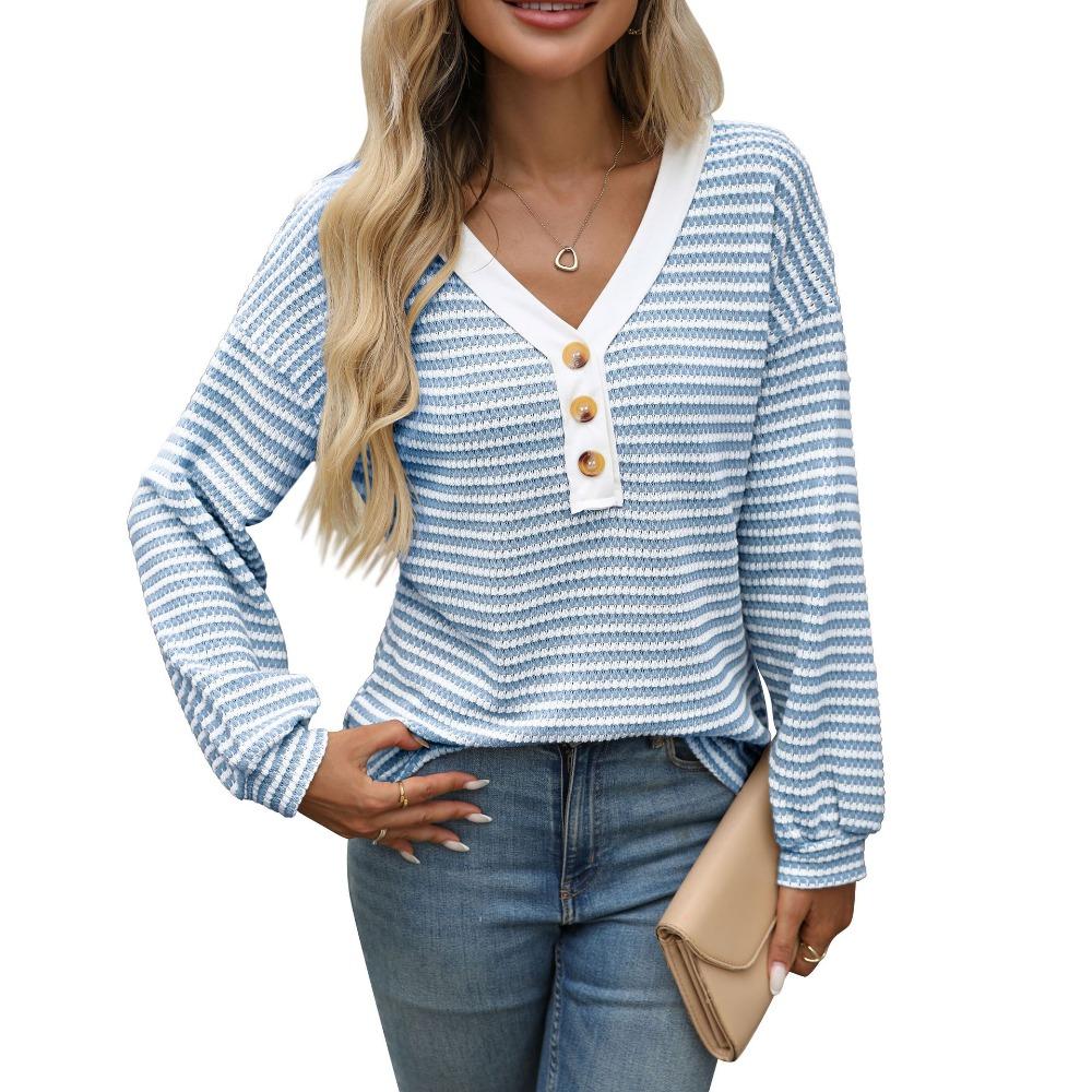Women's V Neck Long Sleeve Loose Fit Casual Striped Knit Top Blouse for Daily Wear