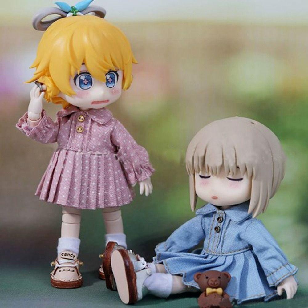 Handmade Doll Pleated Skirt Lapel Collar Jeans Dresses for 1/11 OB11 Dolls for 1/12 BJD Dolls