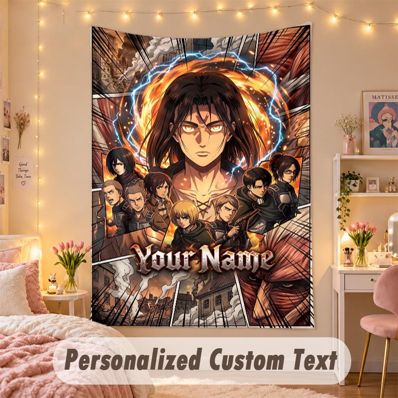 Custom Personalized Tapestry,Attack on Titan Print Custom Name Text Wall Art Hanging for Bedroom