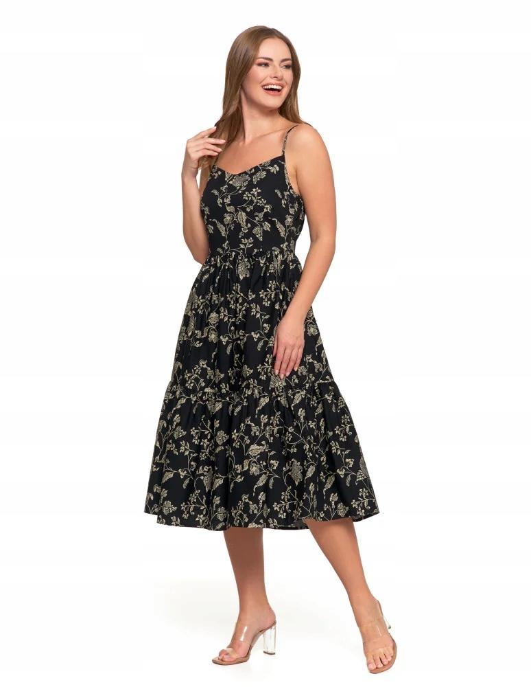 Women's Midi Dress with Straps and Ruffles, Stylish Classic, MORAJ XL PATT 1