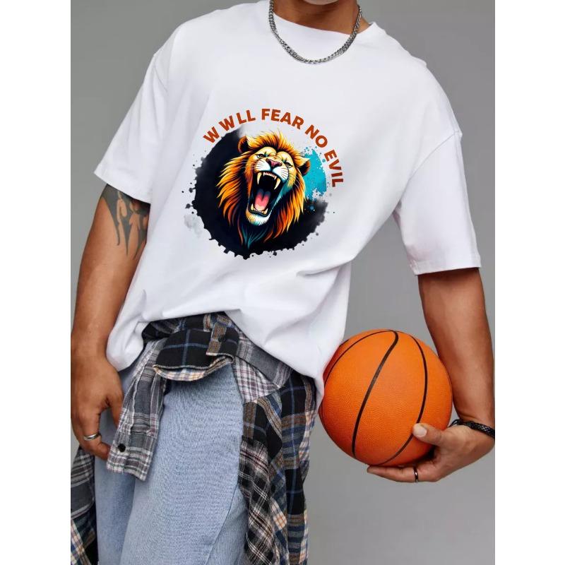 Weißes T-Shirt mit Löwengrafik und We Will Fear No Evil Text für Freizeitkleidung
