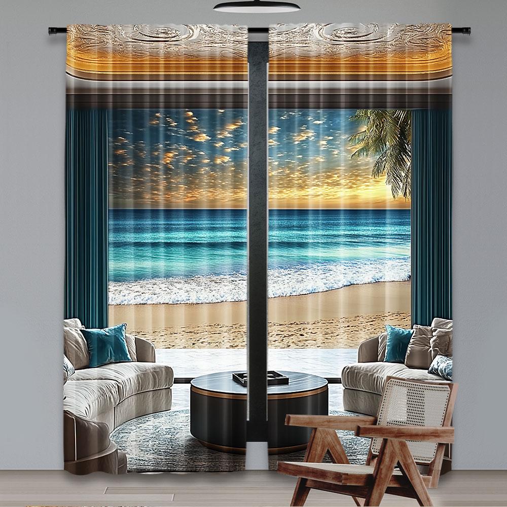 2Pcs Fantasy Scenery Curtain Abstract Seascape Ocean Horizon With Oriental Detailed Room Curtain For Bedroom Living Room And