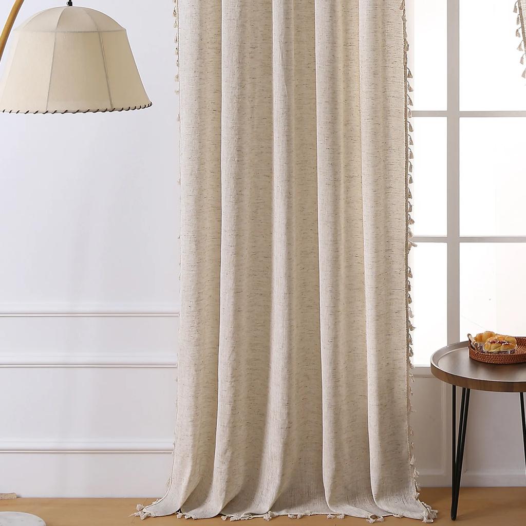 Boho Cotton Linen Curtains, Semi Sheer Natural Fabrics Curtains Tassel Rod Pocket, Farmhouse Curtains for Living Room Bedroom