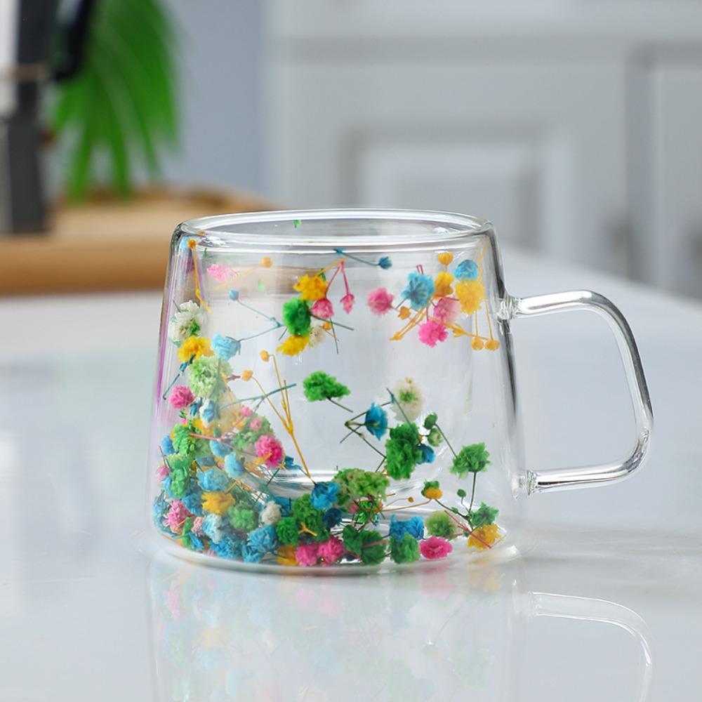 Double Insulated Dried Flower Glass Cup Coffee Tea Cup Clear Glass Cup Double Wall Mug  Household
