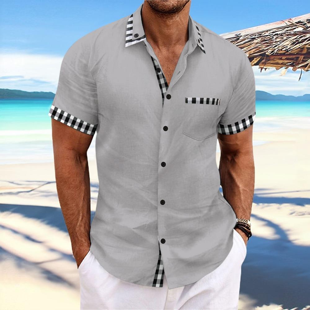Summer New European and American Men's Beach Casual Pocket Patchwork Lapel Short Sleeved Shirt